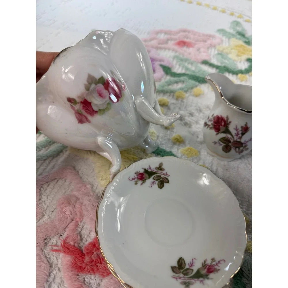 Vintage Miniature Porcelain Tea Set Pink Rose‎ Gold Trim Teapot Sugar Creamer